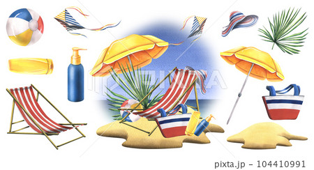 Sandy beach with sun umbrella, striped sun lounger and kite against sea and sky. watercolor illustration, hand drawn. Isolated summer composition with elements on a white background 104410991