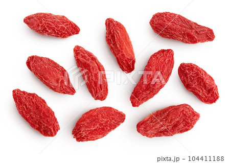 Dried goji berries isolated on white background. Top view. Flat lay. Dried goji berries isolated on white background. Top view. Flat lay. 104411188