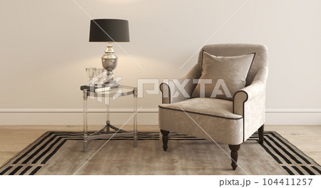 Home interior design livingroom with armchair, table and decor with lamp. Horizontal panoramic background. 3d rendering illustration modern classic style 104411257