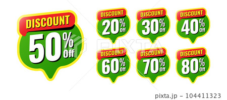 Discount buy now label pop-up banner green stickers with different sale percentage. 20, 30, 40, 50, 60, 70, 80 percent off price reduction badge promotion design emblem set vector illustration. Discount buy now label pop-up banner green stickers with different sale percentage. 20, 30, 40, 50, 60, 70, 80 percent off price reduction badge promotion design emblem set vector illustration. 104411323