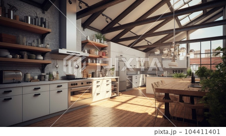 Spacious loft style kitchen with dining area. White facades, open shelves, large wooden table, modern kitchen appliances, wooden floor, wooden ceiling with beams, green plants, panoramic windows. 104411401