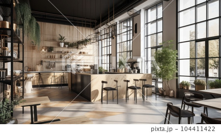 Interior of a modern loft style coffee shop. Concrete walls with open shelves, wooden bar counter and tables, pendant lamps, green plants, large panoramic windows. Modern hipster lifestyle concept. 104411422