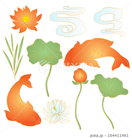 Oriental fish and lotus set. Chinese and japanese traditional illustration. Oriental fish and lotus set. Chinese and japanese traditional illustration. 104411461