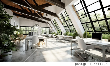 Loft style open space eco-office in a modern urban building. Ceiling with beams, large tables with chairs, desktop computers, plants in floor pots, panoramic windows with nature view. 3D rendering. 104411507