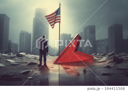 Dystopian illustration of consequences of a world nuclear war, a destroyed city under a waving American flag, radioactive rain. Survivor on the background of the destroyed planet. 3D illustration. 104411508