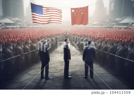 War between the US and China for economic dominance. The two countries, led by their leaders, came face to face. Confrontation between the two largest economies in the world. 3D illustration. 104411509