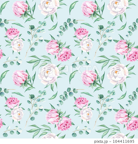 Seamless watercolor pattern with white and pink peonies, eucalyptus branches on blue background. Can be used for wedding prints, gift wrapping paper, kitchen textile and fabric prints. Seamless watercolor pattern with white and pink peonies, eucalyptus branches on blue background. Can be used for wedding prints, gift wrapping paper, kitchen textile and fabric prints. 104411695