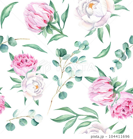 Seamless watercolor pattern with white and pink peonies, eucalyptus branches on white background. Can be used for wedding prints, gift wrapping paper, kitchen textile and fabric prints. Seamless watercolor pattern with white and pink peonies, eucalyptus branches on white background. Can be used for wedding prints, gift wrapping paper, kitchen textile and fabric prints. 104411696