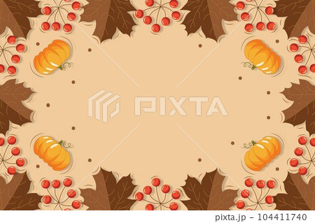 Autumn background with leaves, pumpkins and berries . Can be used for shopping sale, promo poster, banner, flyer, invitation, website. Vector illustration. Autumn background with leaves, pumpkins and berries . Can be used for shopping sale, promo poster, banner, flyer, invitation, website. Vector illustration. 104411740