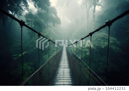 A suspension bridge in the foggy jungle. Generative AI 104412231