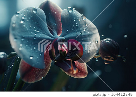 An orchid in full bloom with water drops on petals. A striking macro shot of a orchid. Generative AI 104412249