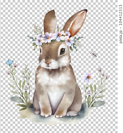 A cute rabbit sits in a clearing with a wreath - Stock Illustration  [104412313] - PIXTA