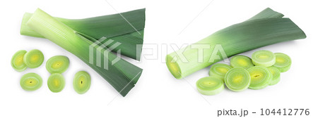 Leek vegetable closeup isolated on white background. Top view. Flat lay Leek vegetable closeup isolated on white background. Top view. Flat lay 104412776