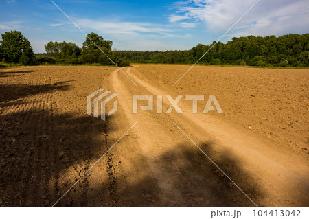 Dirt road driven by cars through farm fields 104413042