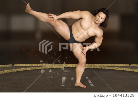 両足を交互に高く持ち上げ四股を踏む力士 104413329