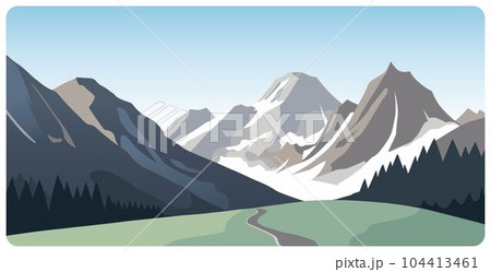 Flat graphic vector illustration of abstract mountain landscape with road through green foothills to snowcapped mount peaks Flat graphic vector illustration of abstract mountain landscape with road through green foothills to snowcapped mount peaks 104413461