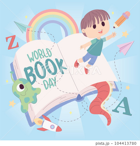 Isolated open book with sci fi icons and a cute boy World book day Vector Isolated open book with sci fi icons and a cute boy World book day Vector 104413780