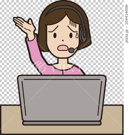 年輕女子一邊接電話一邊在電腦呼叫中心打字，表情困擾請看這裡解釋簡介 104414006