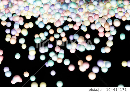 Styrofoam mini ball fly explosion, Pastel foam mini balls float explode, abstract cloud fly. styrofoam pastel mini sphere balls splash throwing in Air. Black background Isolated 104414171