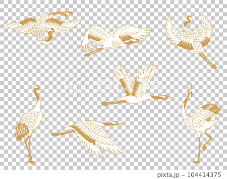 Japanese crane (red-crowned crane) hand-drawn illustration set_single color Japanese crane (red-crowned crane) hand-drawn illustration set_single color 104414375