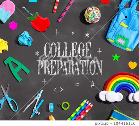 College Preparation theme with school supplies on a chalkboard 104416116