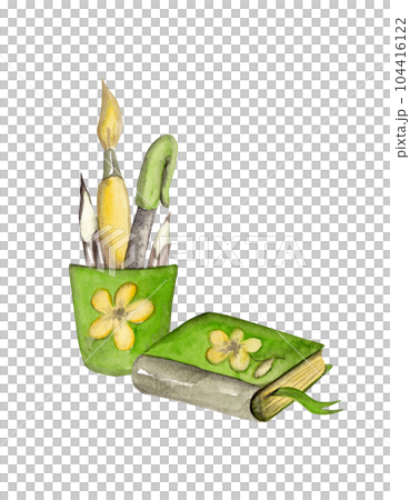 Stationery set: book, pen, brush and pencils. Back to school. Watercolor illustration Stationery set: book, pen, brush and pencils. Back to school. Watercolor illustration 104416122