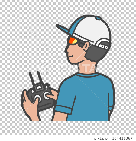 A worker / pilot who wears sunglasses, holds a propo and steers a drone 104416367