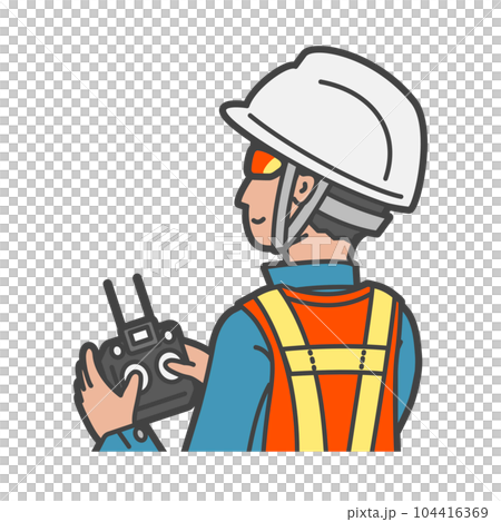 A worker / pilot who has a propo and operates a drone with sunglasses, a helmet, a fluorescent vest and safety equipment A worker / pilot who has a propo and operates a drone with sunglasses, a helmet, a fluorescent vest and safety equipment 104416369