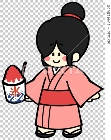 穿著浴衣搭配草莓味刨冰的女人插畫素材 104418650