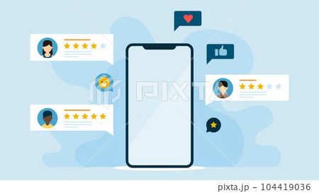 Smartphone with customer rating star review and social icons. Mobile with app review pop up icon Smartphone with customer rating star review and social icons. Mobile with app review pop up icon 104419036