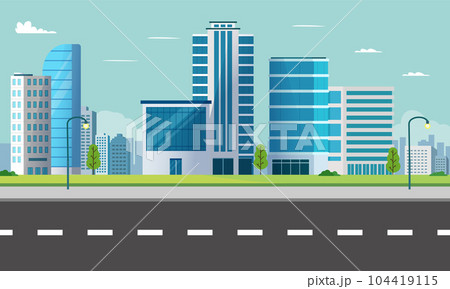 Cityscape scene with street.Modern building with sky background.Smart city with park Cityscape scene with street.Modern building with sky background.Smart city with park 104419115