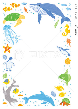 海の生き物 イラストフレーム 縦のイラスト素材 [104419173] - PIXTA