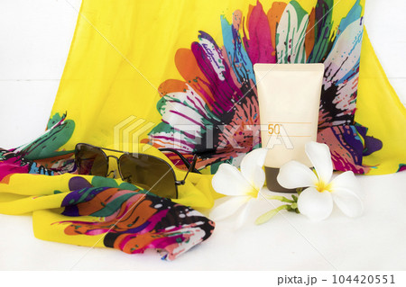 sunscreen spf50 health care for skin face with sunglasses, scarf of lifestyle woman 104420551
