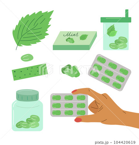 Set mint flavor chewing gum. mouth freshener. A package with pills, a bottle, a chewing plate. Vector flat illustration. Set mint flavor chewing gum. mouth freshener. A package with pills, a bottle, a chewing plate. Vector flat illustration. 104420619