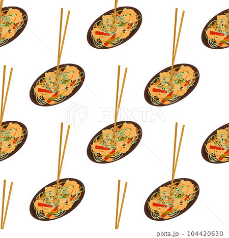 Seamless pattern of Asian food. Salad with shrimp funchosa and vegetables on a plate on a white background. Wallpaper, background, flyer, fabric design. Vector illustration. 104420630