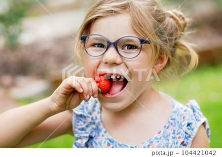 Happy preschool girl eating fresh strawberry. Smiling child with glasses biting in a ripe red berry. Healthy food and children. Happy preschool girl eating fresh strawberry. Smiling child with glasses biting in a ripe red berry. Healthy food and children. 104421042