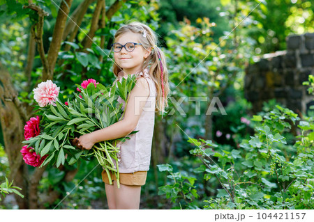 Cute adorable little preschool girl with huge bouquet of blossoming red and pink peony flowers. Portrait of smiling preschool child in domestic garden on warm spring or summer day. Summertime. Cute adorable little preschool girl with huge bouquet of blossoming red and pink peony flowers. Portrait of smiling preschool child in domestic garden on warm spring or summer day. Summertime. 104421157