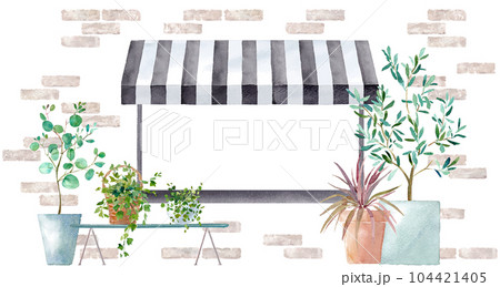 天幕のあるショップウィンドウの外観の水彩イラスト。ナチュラルなフレームデザイン。ベクター。 104421405