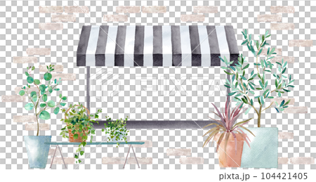 天幕のあるショップウィンドウの外観の水彩イラスト。ナチュラルなフレームデザイン。ベクター。 104421405