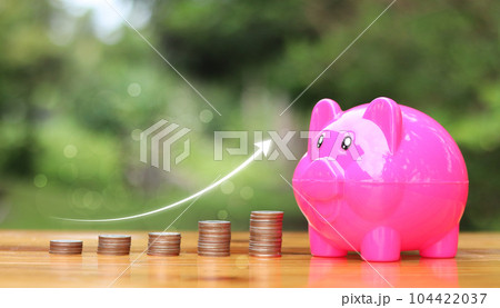 Pink Pig piggy bank and coin stack on the table. Pink Pig piggy bank and coin stack on the table. 104422037