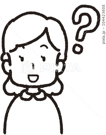 顔の右側にはてなマークがある正面を向いて笑っている女性の上半身線画イラスト 顔の右側にはてなマークがある正面を向いて笑っている女性の上半身線画イラスト 104423608