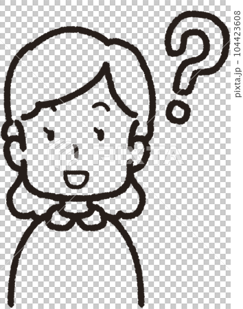 上半身線畫插圖:一名面向前方的女性,臉上右側有一個問號,微笑著 上半身線畫插圖:一名面向前方的女性,臉上右側有一個問號,微笑著 104423608