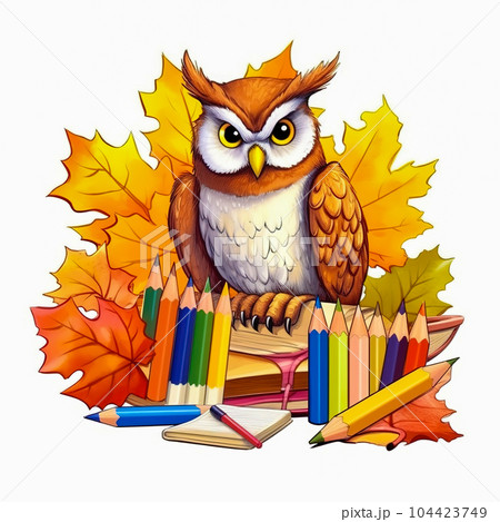 Illustration of an owl with school supplies. The concept of school education. Generative AI 104423749