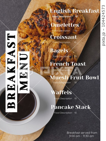 Composite of breakfast menu with list, price and breakfast served from 9 to 11 am over croissants 104424573