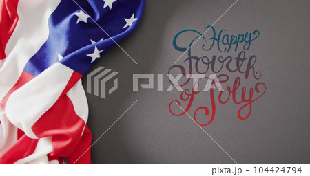 Image of happy fourth of july text and flag of america on grey background 104424794