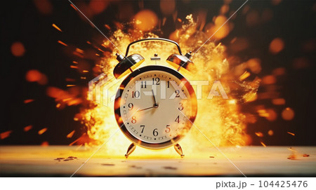 爆発し燃え上がる時計　clock exploded on fire. AI生成画像 104425476