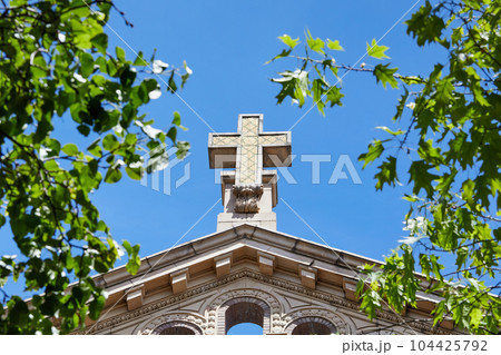 USA, New York, New York City, Low angle view of cross on top of church 104425792