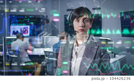 Businesswoman looks at 3D abstract AI animation of real-time stocks 104426236