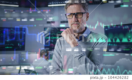 Financial analyst in broker agency office. 3D animation of real-time stocks 104426282