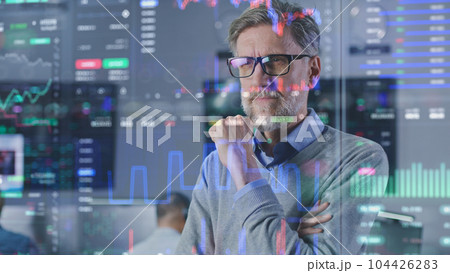 VFX animation with investment specialist and 3D render of real-time stocks VFX animation with investment specialist and 3D render of real-time stocks 104426283
